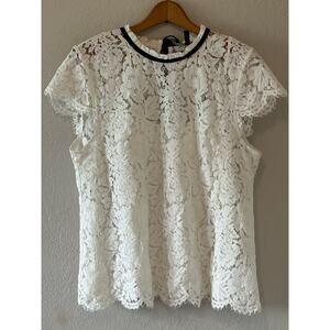 Women's White House Black Market Cap Sleeve Lace Top Black Tie Ribbon Size Large